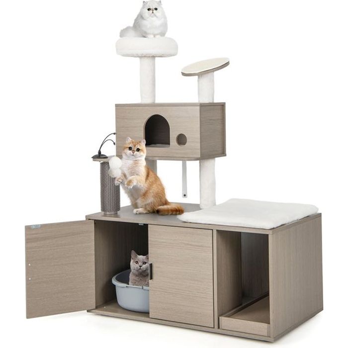 Comparer les prix de Arbre à Chat avec Meuble Litière pour Chat - GOPLUS - 1 Condo/Griffoirs/Gratter en Sisal/Balles Suspendues - Gris - 132 CM